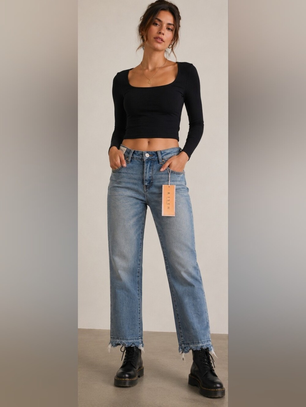Risen High Rise Crop Straight Slim Jeans